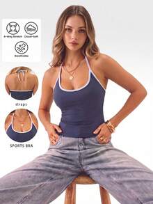 Women's Colorblock Backless Sports Tank Top Summer - Blue - View 1