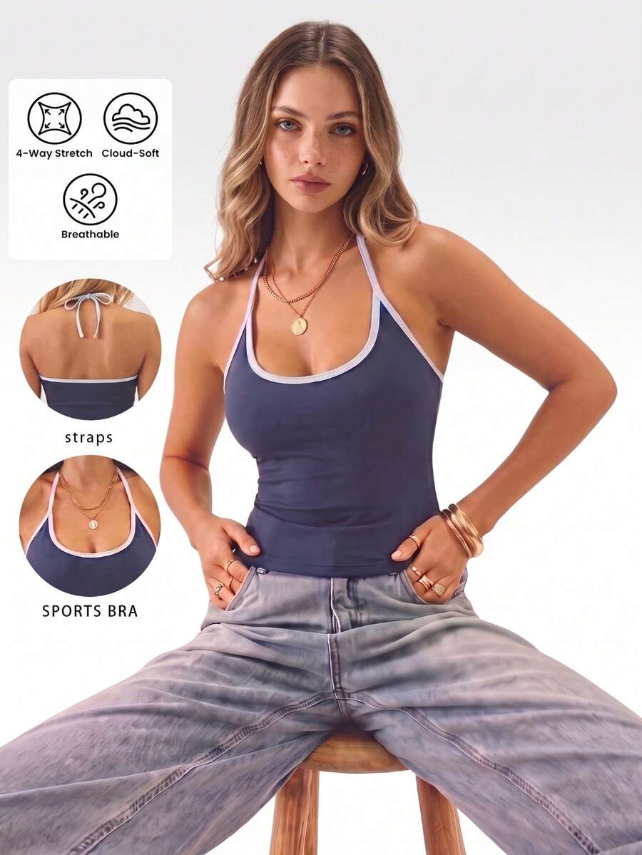 Women's Colorblock Backless Sports Tank Top Summer - Blue - View 1