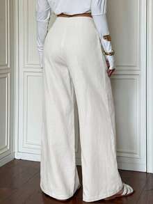 Women's Linen Front Knot Low Waist Draped Ruched Loose Wide Leg Long Pants, Summer Vacation Casual Bottoms, White - White - View 3