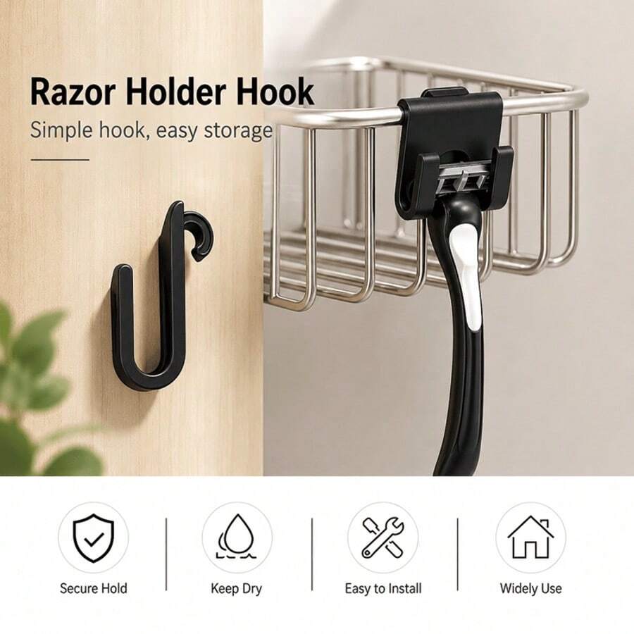 2/4pcs No Drill Bathroom Shelf Hooks, Hanging For Razor Holder, Shower Caddy Storage Organizer, Plastic Hook For Razor, Toothbrush, Bath Sponge, Loofah, Washcloth, Cleaning Brush, Sink Rack, Cabinet Basket Additions, Black White Clear - One Size Fits All - View 1