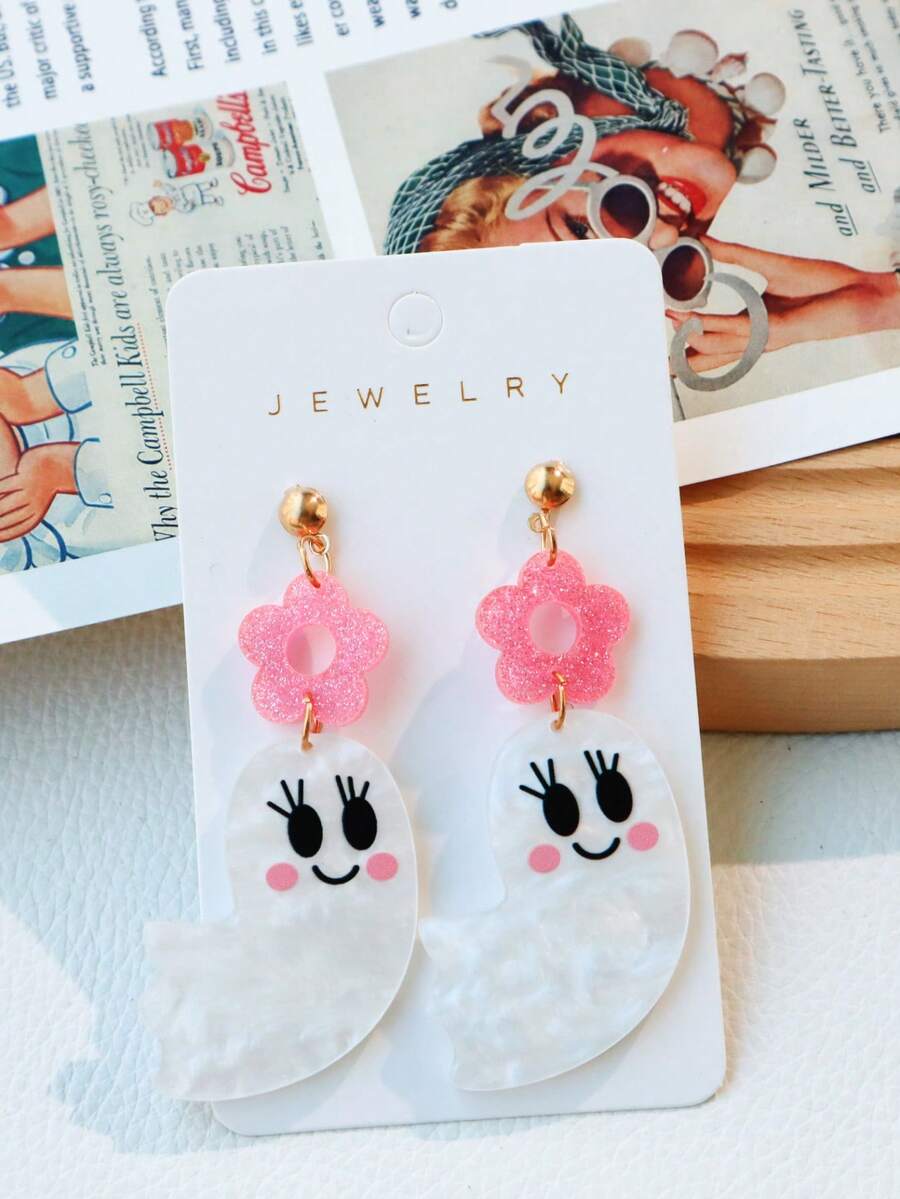 1 Pair Cute Halloween Ghost Acrylic Earrings, Sweet Sequin Floral White Water Ripple Shy Ghost Fun Earrings, Suitable For Women, Holiday Gift Dangle Earrings - Multicolor - View 1