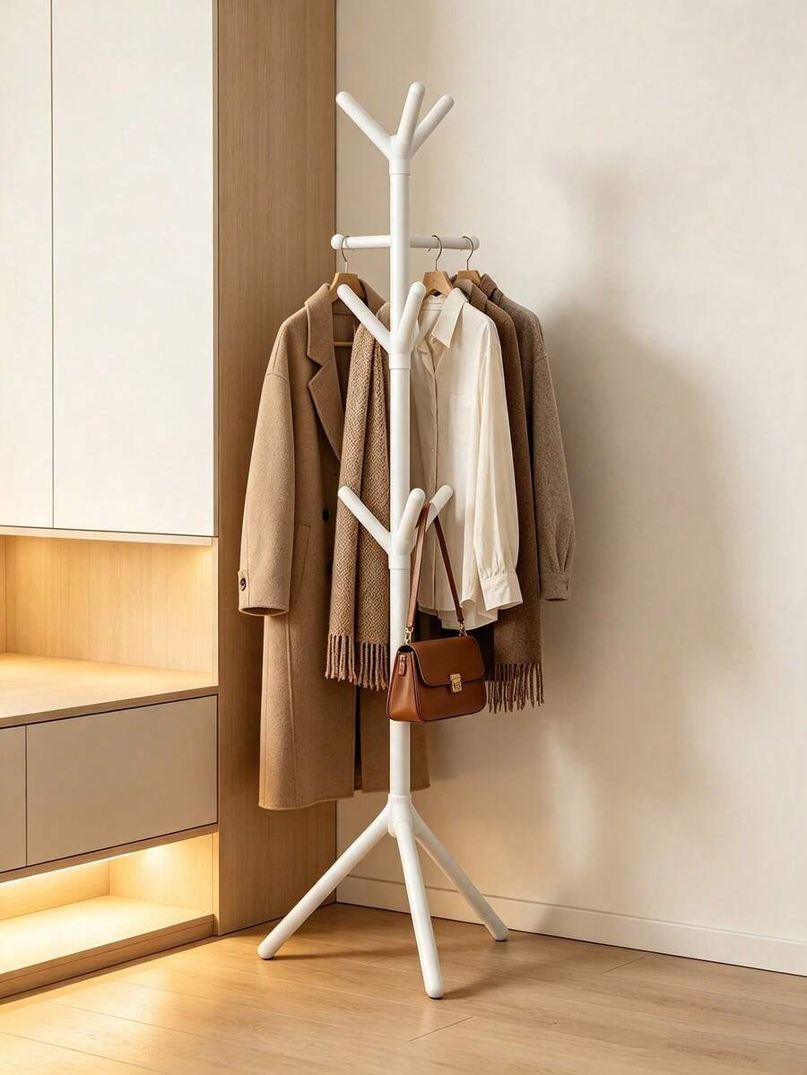 This Tree-Shaped Floor-Standing Coat Rack Is Easy To Assemble. It Features A Stable Triangular Base And Multi-Branched Hooks. Suitable For Bedrooms And Hallways, It Boasts A Strong Load-Bearing Capacity And Is Ideal For Storing Coats, Bags, And Hats. Its Simple And Versatile Design Saves Space And Makes It A Practical And Stylish Home Storage Solution.