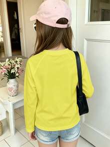 Autumn/Winter Ribbed Cotton Long Sleeve Top For Girls, Casual Sporty College Style - Bright Yellow - View 2