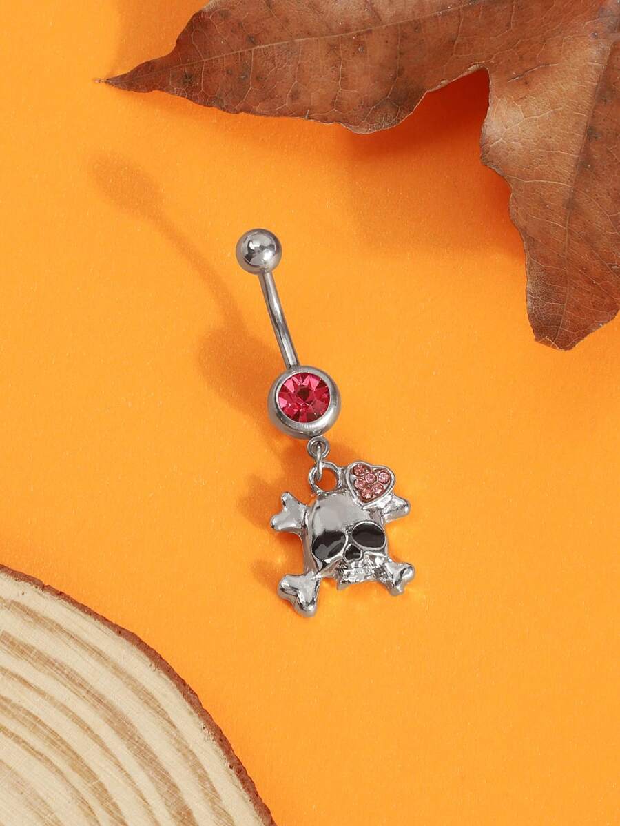 1pc Rhinestone Skull Belly Ring, Pink Rhinestone Heart-Shaped Middle Jewelry, Gothic Halloween Women's Navel Ring - Style 1 - View 1