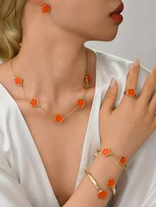 6pcs Fashion Elegant Lucky Five-Leaf Clover Earrings Necklace Bracelet Bangle Ring Women Jewelry Set Holiday Gift (Zinc Alloy Material Inlaid With ABS Material Five-Petal Flower) - Orange - View 5
