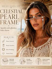 outingfit 1pc Silver Rhinestone Pearl Star Tassel Decorated Eyeglass Frame For Women, Sparkling Bohemian Face Accessory, Suitable For Music Festivals, Beach Parties, Vacation Outfits - Silver - View 3