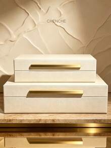 2pcs Set Different Sizes Stingray Pattern PU Leather Jewelry Boxes, Burgundy And Beige Rectangular Box Body With Brushed Gold Bar Handle, Soft Velvet Lining, Luxury Jewelry Storage Organizer, Suitable For Vanity Bedroom Decor Holiday Gift - OFF-white - View 10