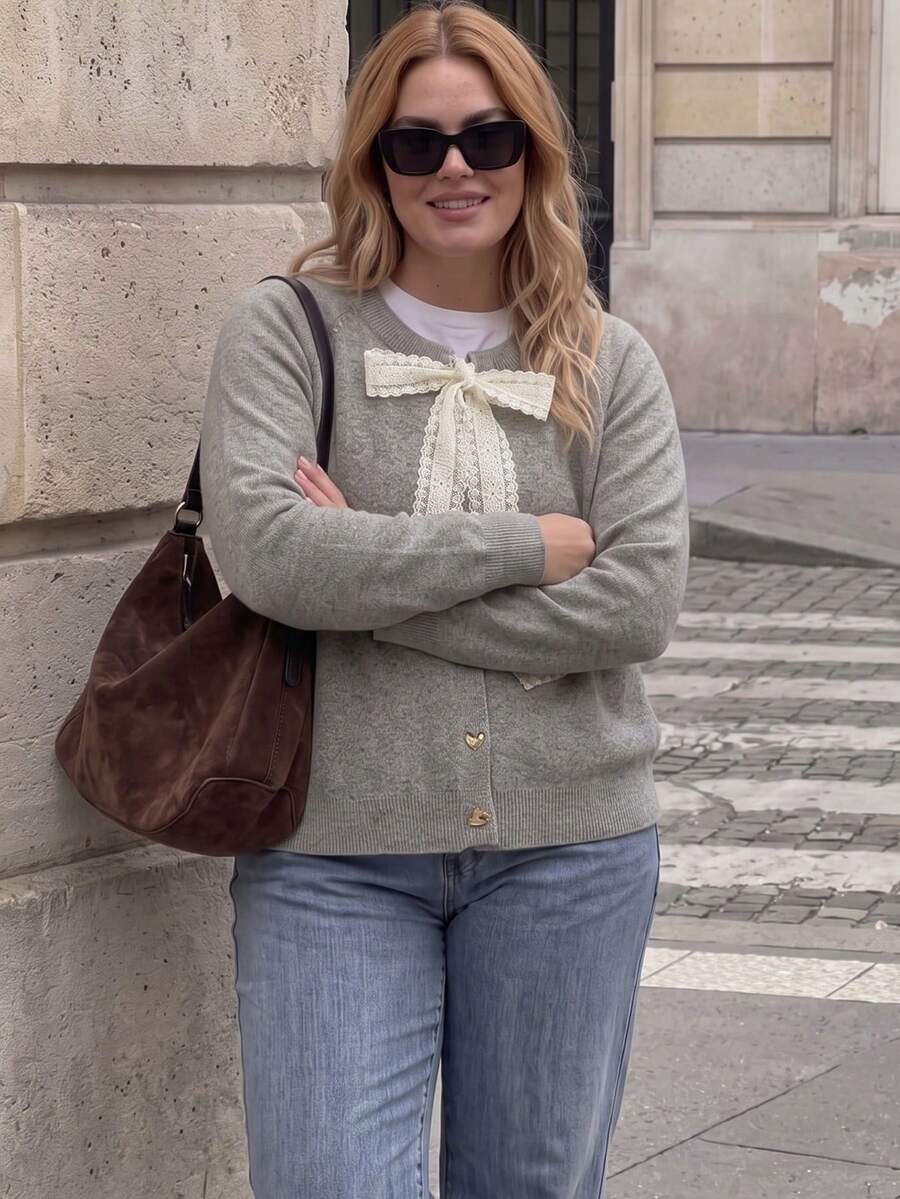 Plus Size 1XL-5XL Women Knitted Cardigan, Casual Long Sleeve Warm Sweater For Autumn/Winter - Grey - View 1
