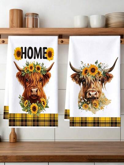 2pcs Highland Cow Sunflower Kitchen Towel Set, HOME Letter Yellow & Black Plaid Trim Farmhouse Style Absorbent Dish Cloth Hand Towel, Soft Absorbent Microfiber Hand Towel, Suitable For Kitchen Decor, Dining Table Decor, Bathroom Decor Towel Set, Warm Gift For Friends And Family