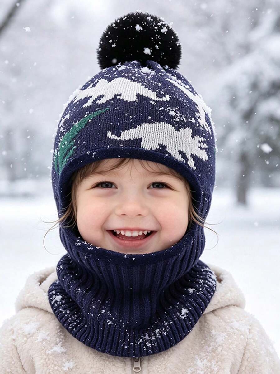 Children's Ear Protection Hat Winter Thermal Lined Thickened Baby Scarf Integrated Hat Unisex Windproof Warm Knitted Knitted Hat - Dinosaur With Hood - View 1