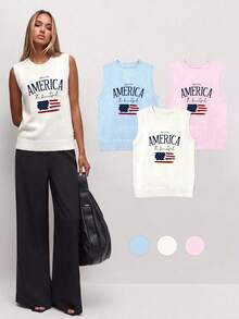 Spring/Summer New Round Neck Women's Tank Top AMERICA USA Letter Print, White Summer T-Shirt, Minimalist Fashion, Suitable For Commuting - White - View 5