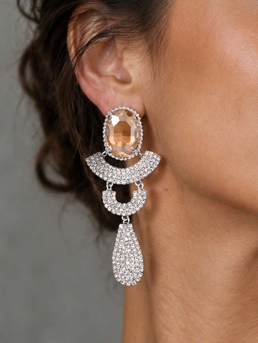 outingfit 1 Pair New Geometric Earrings For Women, High-End Rhinestone Dangle Earrings, Full Crystal Studs, Women's Accessories - Silver - View 1