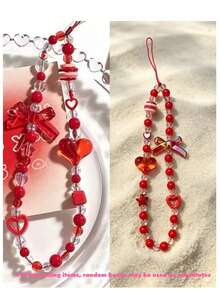 1pc Cute Y2K Red Bow Heart Beaded Phone Wrist Strap Lanyard, Transparent Crystal Bead Phone Charm, Bag & Key Pendant, Gift For Women & Teenage Girls (Hot-Selling, May Use Random Beads Instead) - Red - View 9