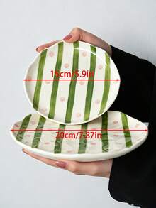 2pcs/1pc Hand Painted Striped & Polka Dot Ceramic Plates Set, Asymmetrical Wavy Rim Dinner Plates, Green Stripe Pink Dot Salad Dessert Serving Dishes, Microwave & Dishwasher , Tableware For Home Kitchen - Multicolor - View 4