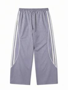 American Style Side Curved Stripe Wide Leg Sweatpants With Letter Print Drawstring Straight Leg Casual Long Pants For Men - Light Grey - View 5
