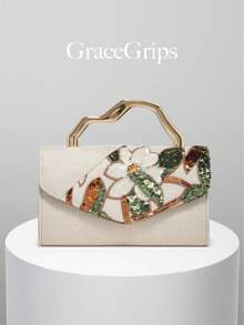 European And American Women's Minimalist Gold Asymmetric Handle Evening Bag, Shiny Multi-Color Leaf & Floral Patchwork Handbag, Small Clutch Bag, Suitable For Matching/Ball/Party/Wedding/Bride/Bridesmaid/Birthday Dress, Handheld Evening Bag, Gift Bag For Women With Metal Chain, Random Pattern - Gold - View 2