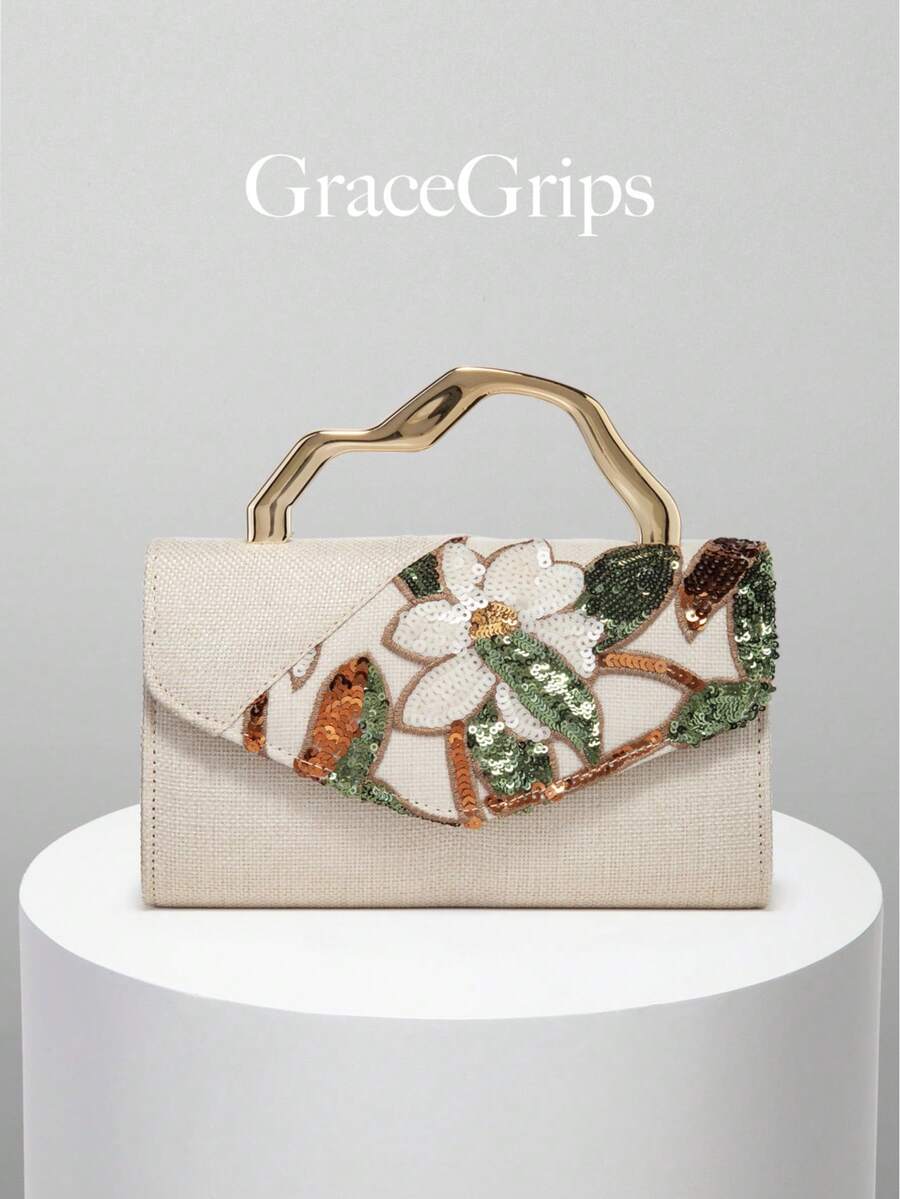 European And American Women's Minimalist Gold Asymmetric Handle Evening Bag, Shiny Multi-Color Leaf & Floral Patchwork Handbag, Small Clutch Bag, Suitable For Matching/Ball/Party/Wedding/Bride/Bridesmaid/Birthday Dress, Handheld Evening Bag, Gift Bag For Women With Metal Chain, Random Pattern
