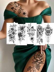 5pcs Black Floral Temporary Tattoo Stickers, Includes Lotus, Butterfly, Gemstone Pendant, Rose Combination Designs, Realistic Effect, Suitable For Women And Girls' Body Stickers And Body Decoration - Black - View 2
