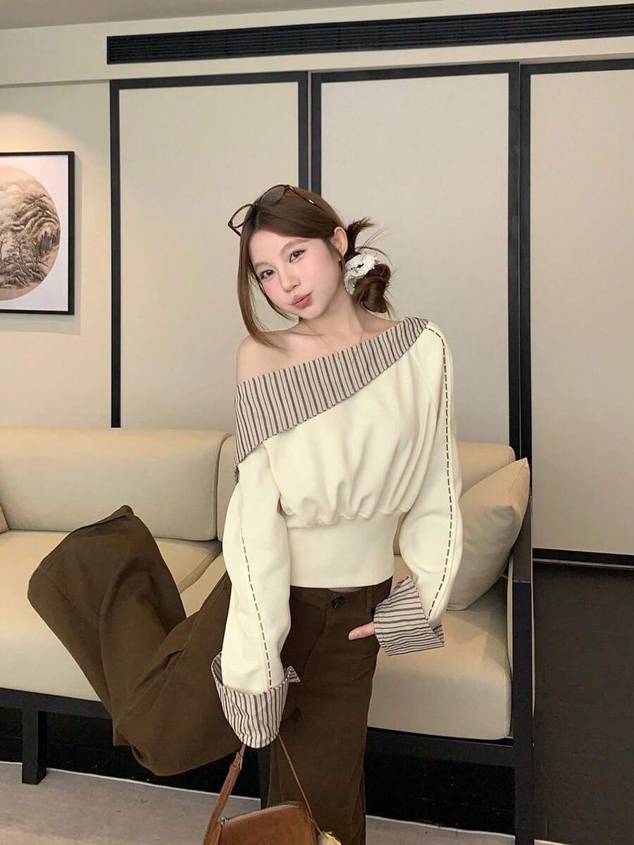 Design Contrast Color Striped Patchwork Asymmetrical Shoulder Long Sleeve Sweatshirt Women's Autumn Slim Fit Flattering Versatile Top - Beige - View 1