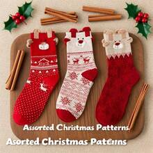 1/3/6/12 Pairs Women's Red Mid-Calf Socks, Printed With Santa Claus, Snowman And Reindeer Patterns, Suitable For Matching Christmas Outfits. - Multicolor - View 4