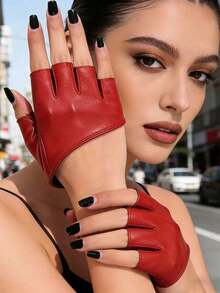1 Pair Set Burnt Orange Brown Open Finger Slanted Cuff PU Gloves - Red - View 4