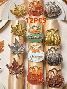 1pc/4pcs/6pcs/12pcs Thanksgiving Autumn Napkin Rings - Gold, Silver, Bronze Pumpkin Napkin Rings, Gold, Silver Maple Leaf Napkin Rings - Autumn Thanksgiving Halloween Dinner Table Decor - Multicolor - View 32