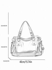 Minimalist Solid Color All-Match Design, Metal Rivet Reinforced Shoulder Strap, Comes With Adjustable Extendable Crossbody Strap. Soft And Relaxed Body, Versatile Style, Can Be Freely Matched With Various Charms, Suitable For Multiple Outfits - Silver - View 2