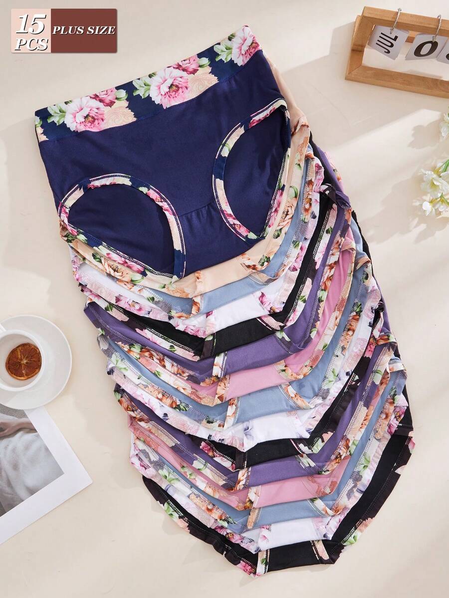 15pcs Plus Size Printed Comfortable Women Panties, Basic Intimate Underwear - Multicolor - View 1