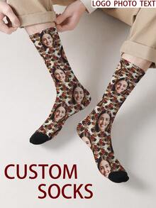 1 Pair Customizable Men's Mid-Calf Socks With Face Pattern, Personalized Photo Socks With Any Face Printed On Socks, Fun Custom Image Mid-Calf Socks, Suitable For Valentine's Day, Birthday, Gift-Giving, Day Of The Dead, Halloween And Other Occasions, Personalized Customization - Multicolor - View 6