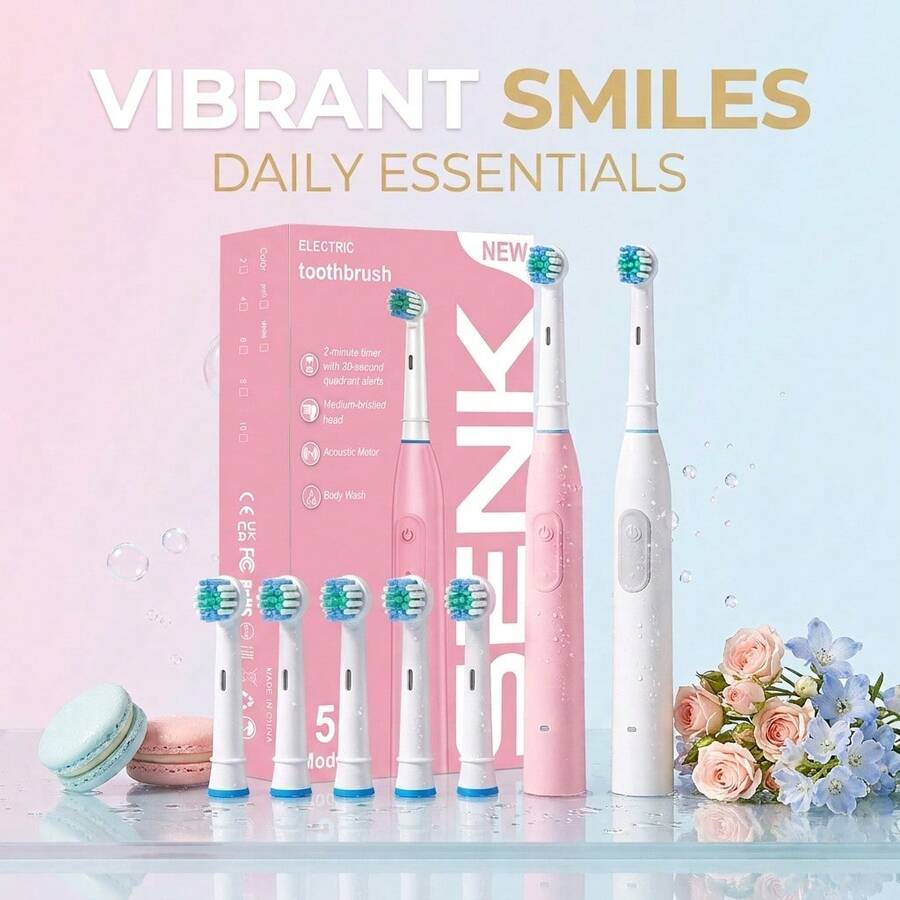 SENK Smart Electric Toothbrush, Pink And White Color Options, 4/8PCS Brush Head Set, 600mAh Lithium Battery 45 Days Long-Lasting Work, Suitable For Gifts, Personal Cleaning, Protect Oral Health - Multicolor - View 1