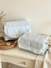 Korean Floral Quilted Storage Basket With Lace Ruffle, Snap Button Flip Cover Fabric Organizer Bin, Multi Functional Storage Bag For Bedroom Travel - Baby Blue - View 3