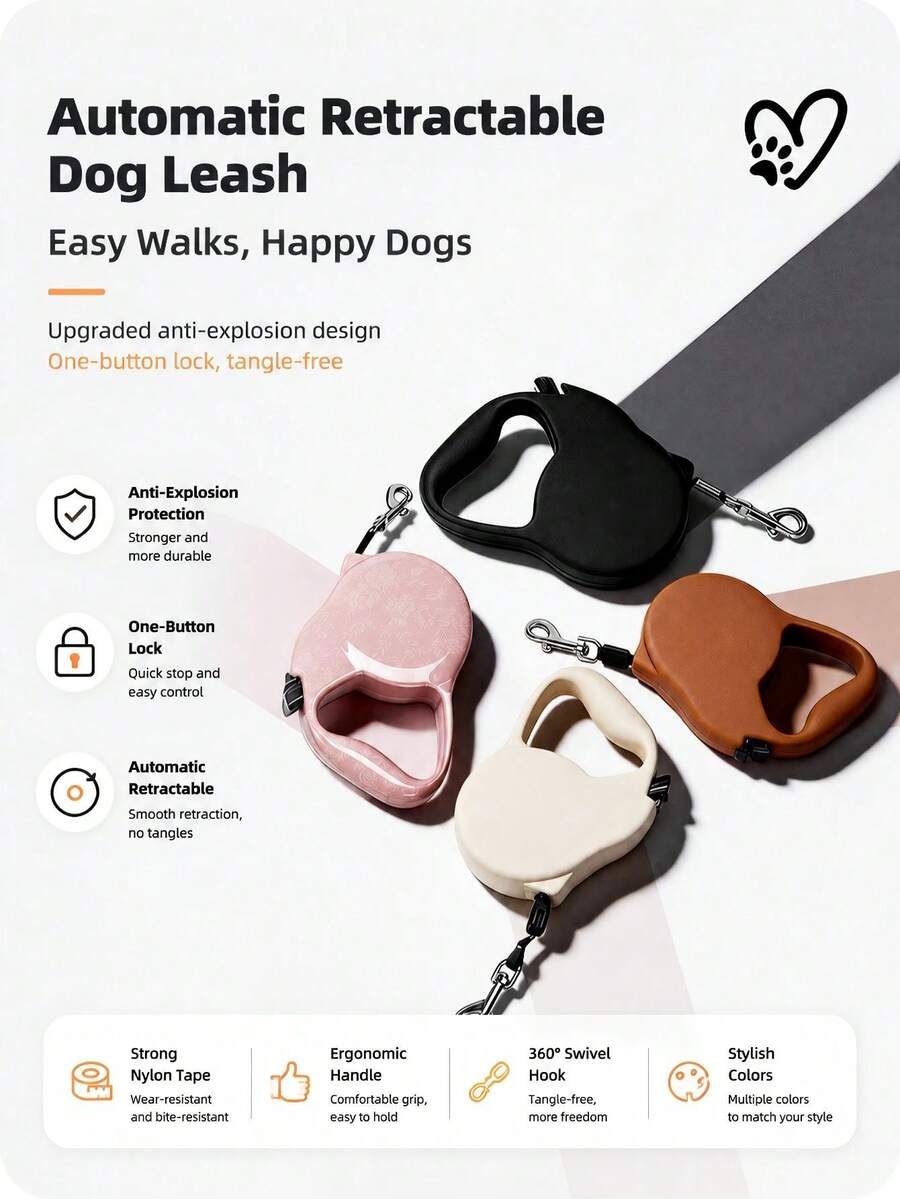 5M Automatic Retractable Dog Leash – Anti-Pull Shock-Absorbing Leash With One-Button Brake, For Small/Medium/Large Dogs - Multicolor - View 1