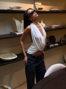 SYchuan Chic Halter Neck Tank Top For Women Backless And Asymmetrical Hem Short Camisole In High Stretch Polyester, Perfect For Summer Style - White - View 7