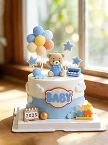1pc Blue Bear Theme Cake Topper, Rocking Horse Train Blocks Decoration, Baby Birthday Dessert Table Accessory, Baby Shower Decoration - Multicolor - View 7