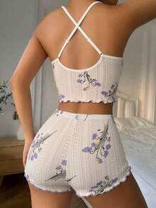 Women's Floral Print Camisole Top And Shorts Pajama Set - White - View 2