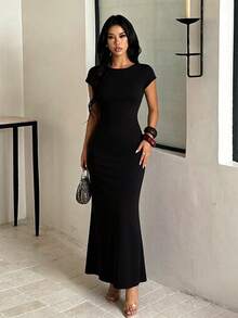 Women's Autumn Solid Color Basic Backless Dress Elegant Dress Party Date - Black - View 3