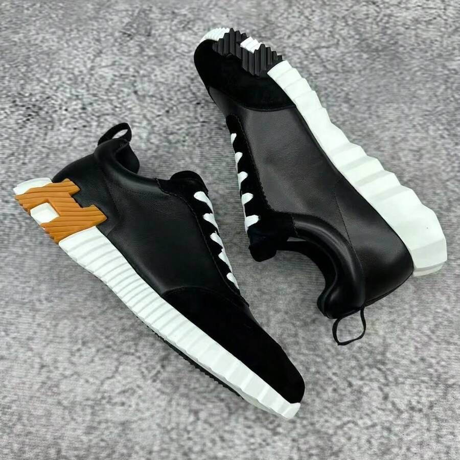 Versatile Casual Men's Shoes, Breathable, Sporty, Luxury Mesh Lace-Up Shoes, Comfortable Knit Upper, Genuine Leather Sneakers - 黑橙色 - 查看 1