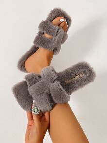 Ximi Ruo Women's Solid Color Flat Fuzzy Slippers, Casual Vacation Beach Home Indoor Outdoor Wear, Autumn Winter Warm Plush Lining, Simple Fashion Slouchy Slip-On Shoes, Soft Lightweight Versatile Daily Commute Indoor Outdoor Street Wear, Comfortable Flat Casual Travel Outfit Shoes, Fleece Lined Dual-Use Slippers - Grey - View 5
