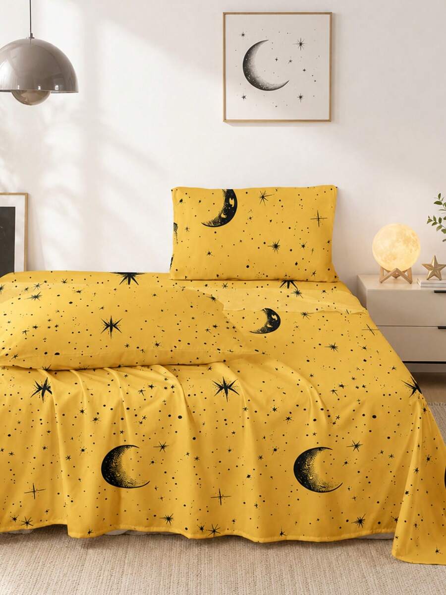 4Pcs Crescent Pattern Print Sheet Set,1Fitted Sheet,1Flat Sheet & 2Pillowcases,Soft Skin-Friendly Breathable Bedding Set,Comfortable Machine Washable Mattress Protector,Easy-Care All-Season Bedroom Decor For King Queen Full Twin Size Home Bedding Set - Multicolor - View 1