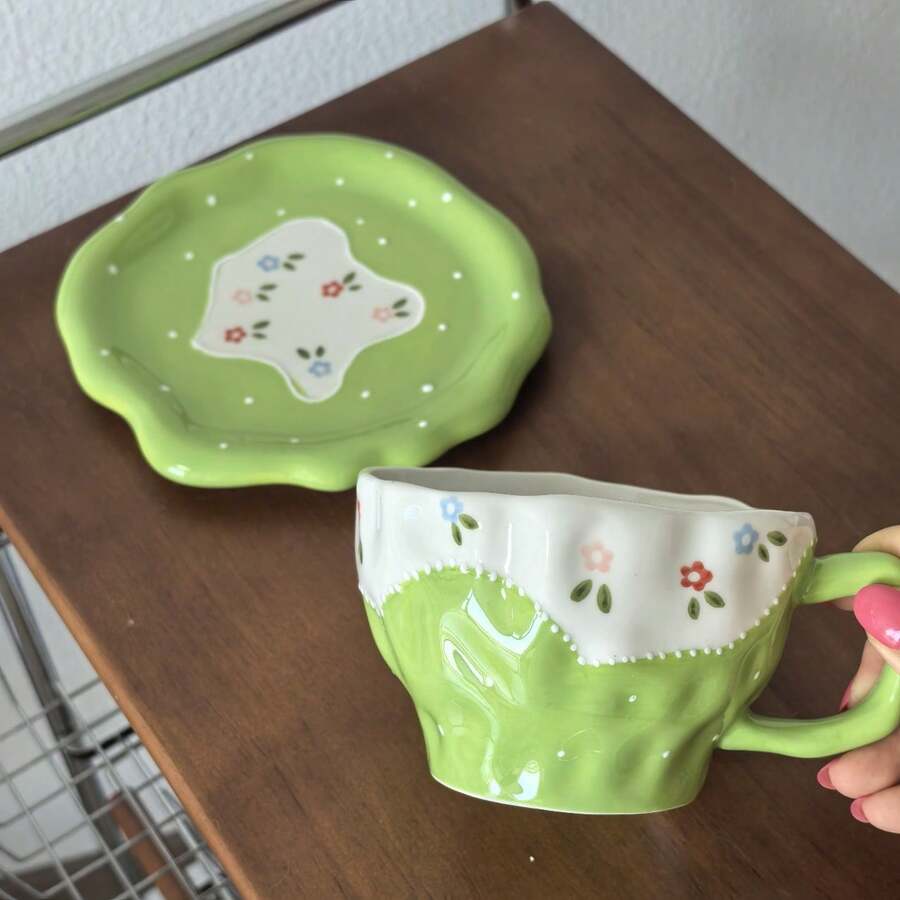 350ml Aesthetic Green Floral Ceramic Mug With Saucer, Wavy Edge Hand Painted Flower Coffee Tea Cup, Lovely Home Tableware Decor