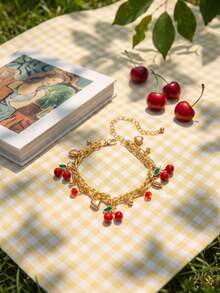 1 Sweet And Cute Cherry Alloy Heart Bow Pendant Adjustable Bracelet Necklace - Gold - View 5