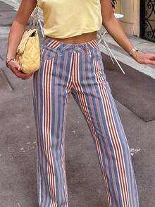 Multi-Color Vertical Striped Straight Leg Jeans, Street Casual Women's Versatile Fashion - Multicolor - View 5