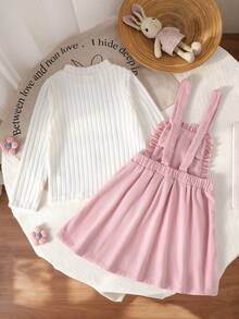 Autumn New Girls Pink Bunny Pinafore Dress Long Sleeve Base Layer T-Shirt Top 2 Pieces Set Versatile Daily Outing Vacation Photo Party - Pink - View 3