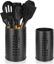 2-Piece Round Stainless Steel Cutlery Rack, Black Countertop Storage Holder, Versatile Kitchen Utensil Basket For Spoons, Chopsticks, And Spatulas - Black - View 2
