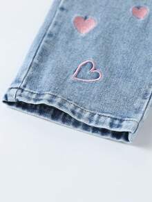 Girls Pink Heart Embroidered Washed Elastic Waist Straight Leg Wide Leg Denim Jeans Suitable For Autumn Daily Wear - Light Wash - View 6