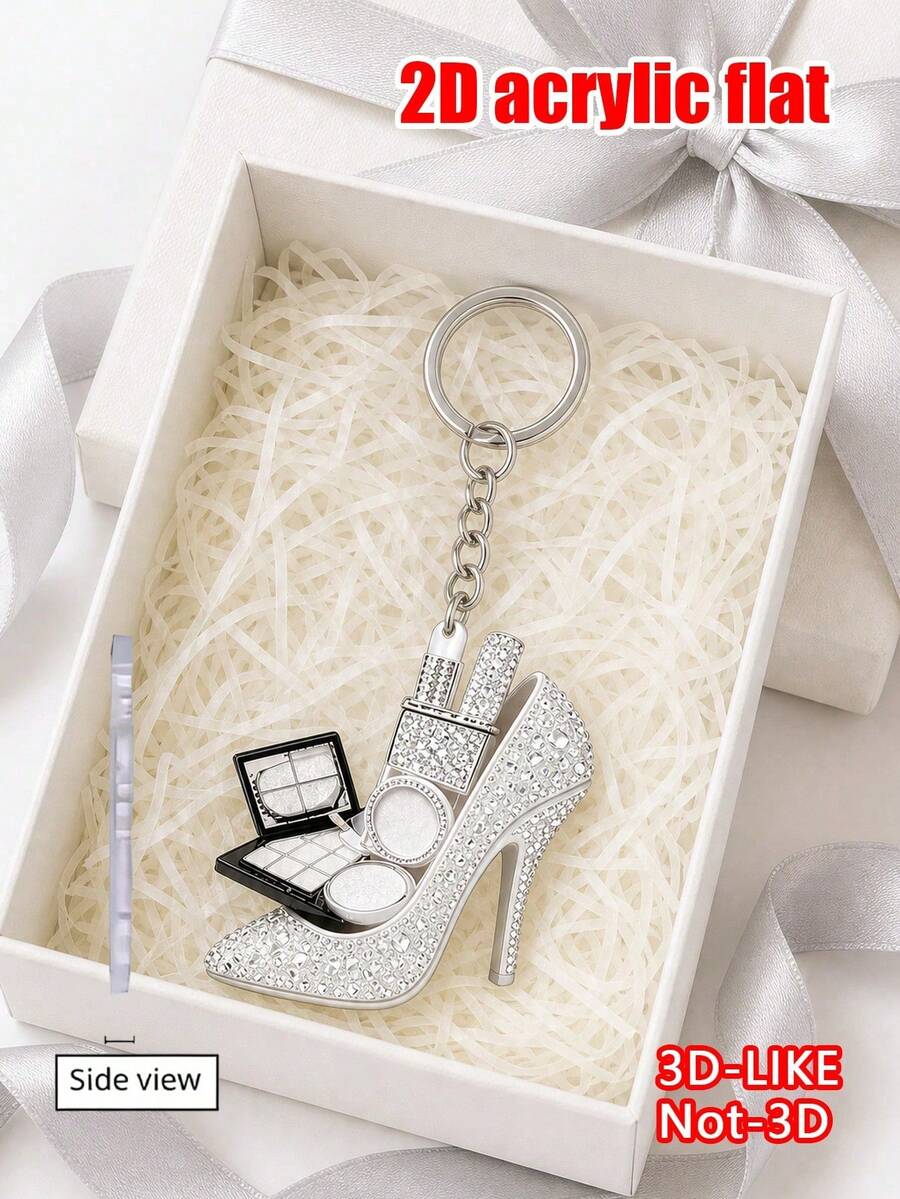 2d Flat Acrylic High‑Heel Shoe Makeup Keychain, Rose Red Rhinestone Studded Sparkly Charm For Backpack Phone Handbag Car Key, Cute Girls Gift For Birthday Back‑To‑School Teacher'S Day Halloween, Note: 2d Flat Not 3d - One Size Fits All - View 1