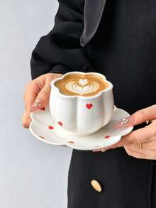 1 Set Minimalist Hand-Painted Heart Ceramic Coffee Cup & Saucer, Elegant Women's Afternoon Tea Cup & Matching Lace Plate, Suitable For Arabic Coffee, Various Teas, Gift-Giving, Personal Use, Coffee Brewing - Multicolor - View 12