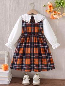 Girls' Spring/Autumn College Style Patterned Dress, Butterfly Embroidered Peter Pan Collar Long Sleeve A-Line Cute Puff Skirt, Casual Daily Back To School Outfit - Mocha Brown - View 6