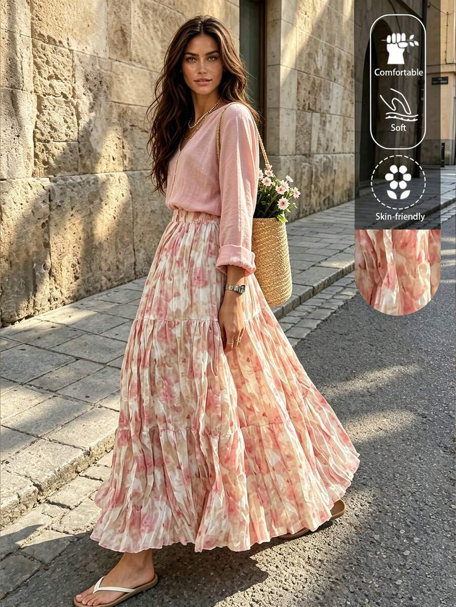 EARO Women's Long Striped Lemon Print Layered Skirt, Non-Stretch Fabric, Elastic Waist Pink - Pink - View 1