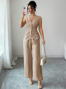 LUNNELUX Women's 2 Pieces Fall Set Top, French Elegant Vacation Back To School Casual Outfit Brown Summer - Brown - View 2